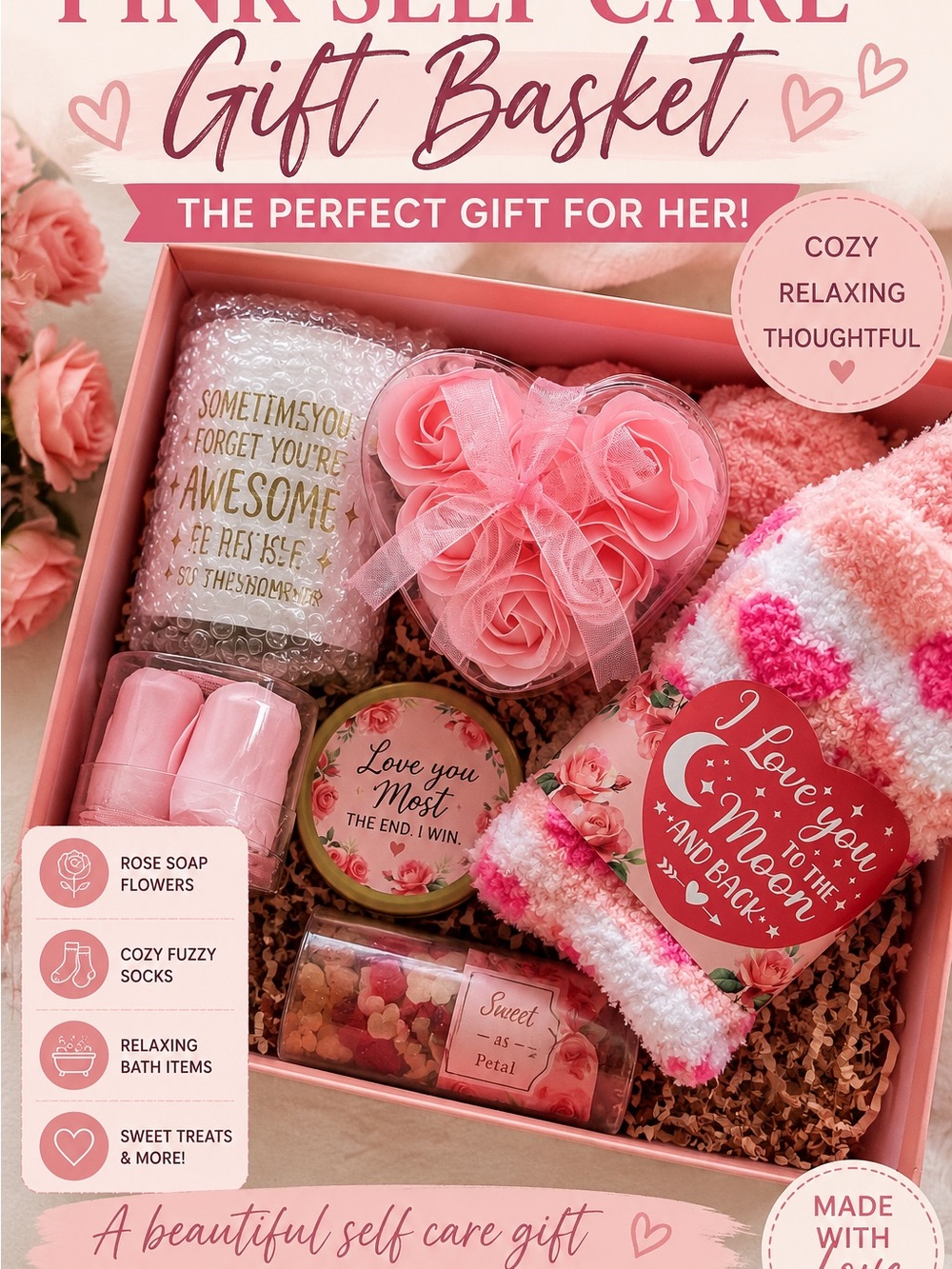 Pink Self Care Spa Gift Basket Cozy Bath Gift Set for Her